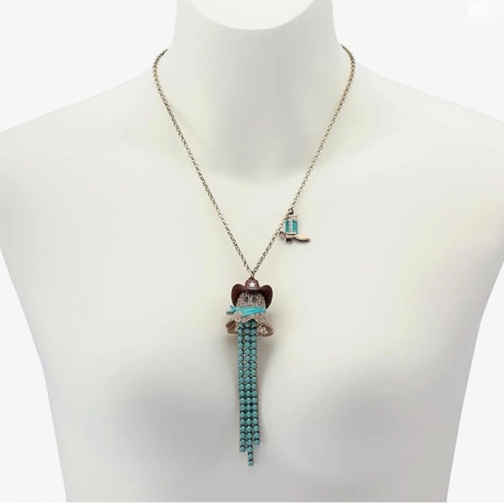 Betsey Johnson Sparkly Cowboy Ghost with Turquoise Fringe Necklace- 32" Long!